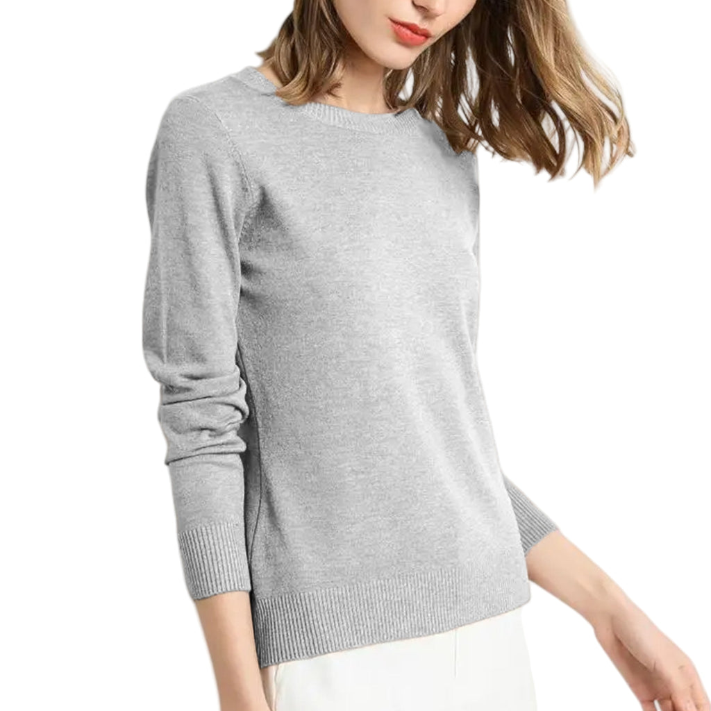 Miękki Wełniany Sweter Damski z Długim Rękawem i Okrągłym Dekoltem