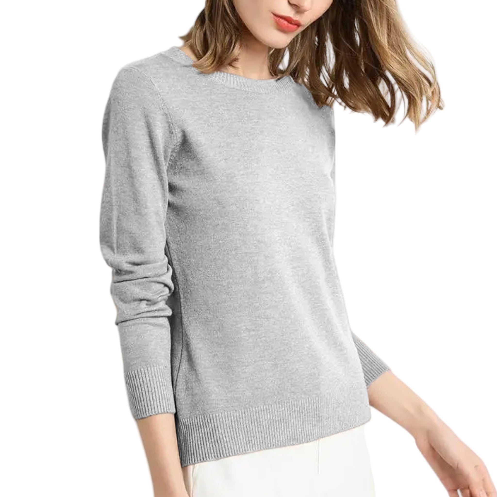 Miękki Wełniany Sweter Damski z Długim Rękawem i Okrągłym Dekoltem