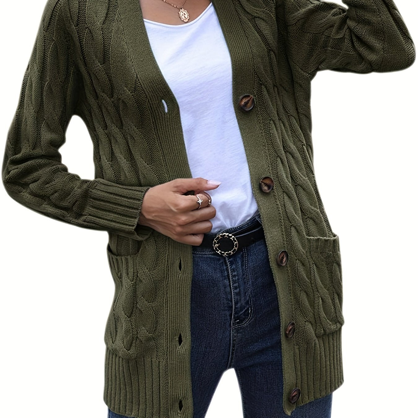 Ciepły Damski Kardigan z Warkoczowym Splotem i Guzikami