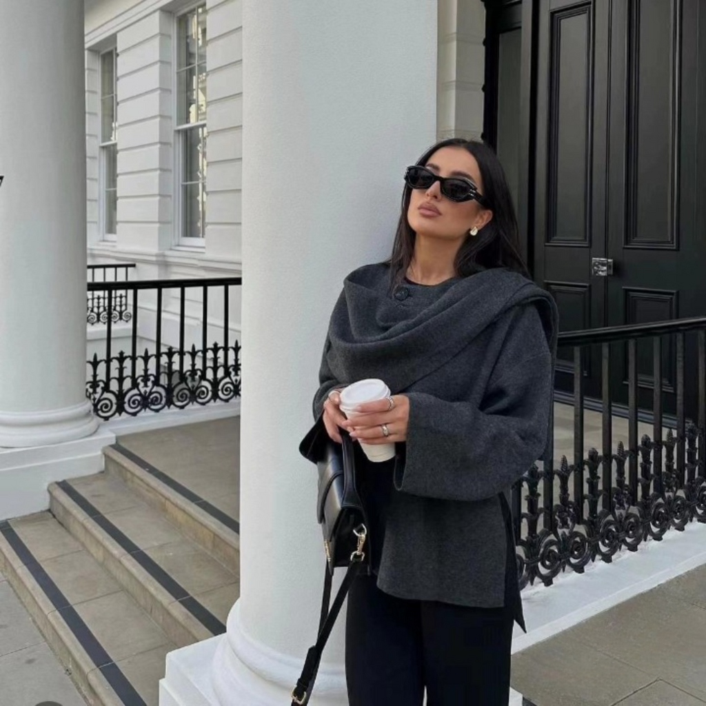 Stylowy Elegancki Damski Płaszcz typu Peleryna z Szerokimi Rękawami