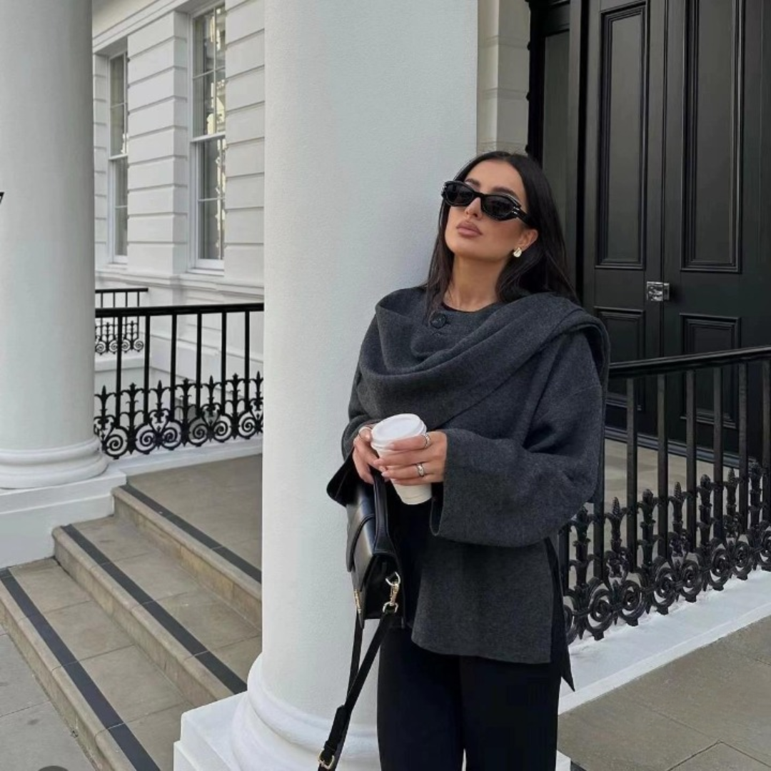 Stylowy Elegancki Damski Płaszcz typu Peleryna z Szerokimi Rękawami