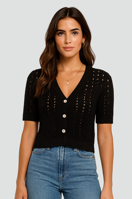 Ażurowy Krótki Kardigan Damski Z Guzikami