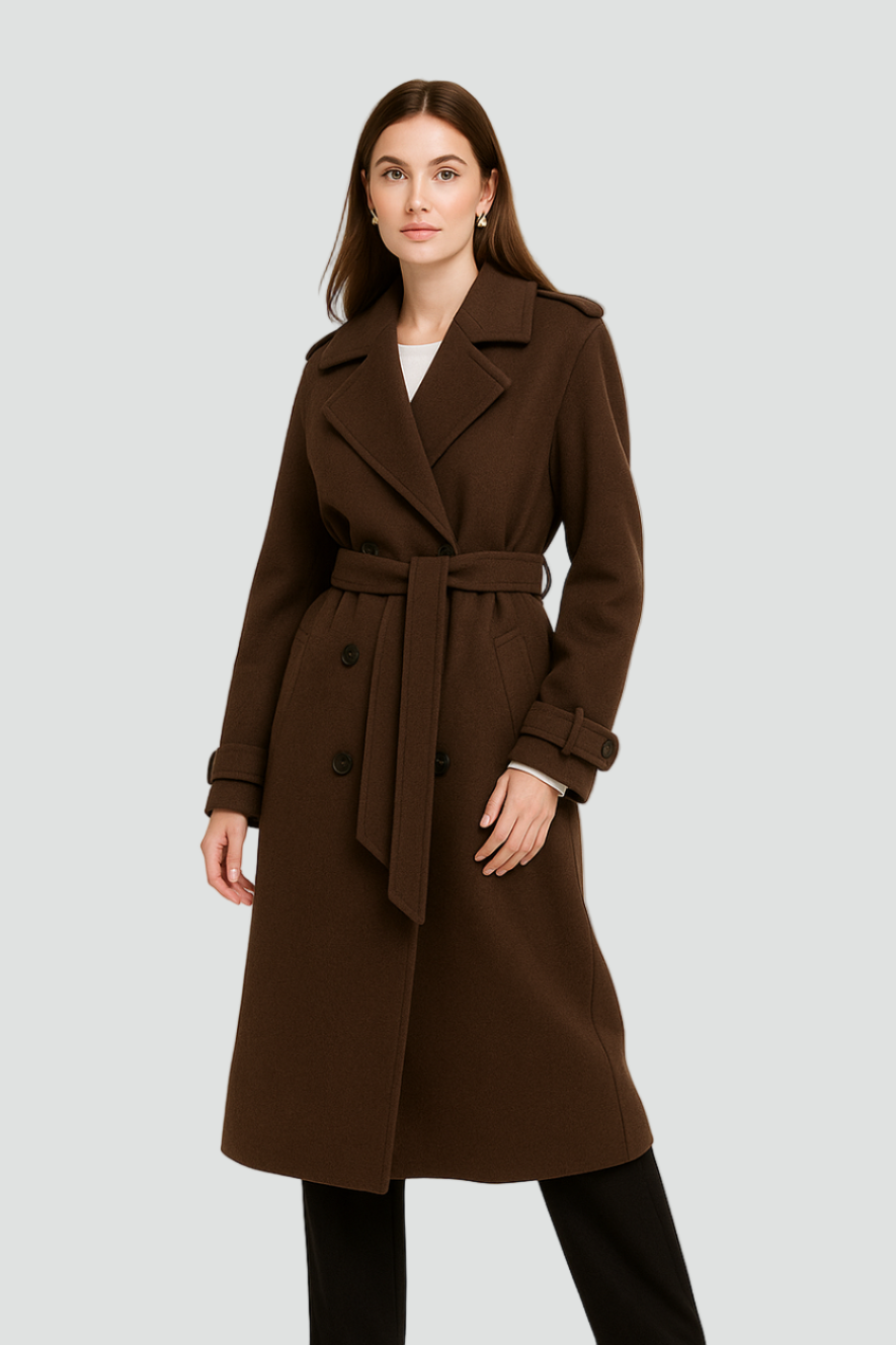 Brązowy Długi Płaszcz Damski z Podwójnym Rzędem Guzików