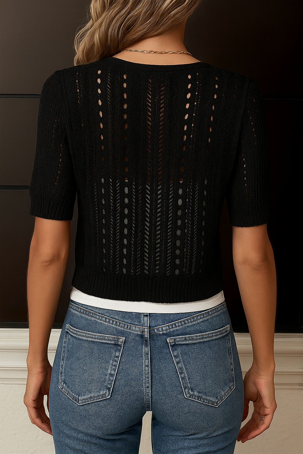 Ażurowy Krótki Kardigan Damski Z Guzikami