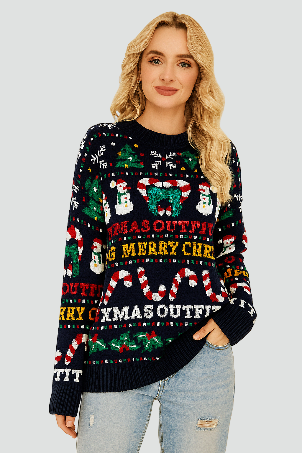 Ciemnoniebieski Oversize Sweter Świąteczny Damski z Festywnym Nadrukiem