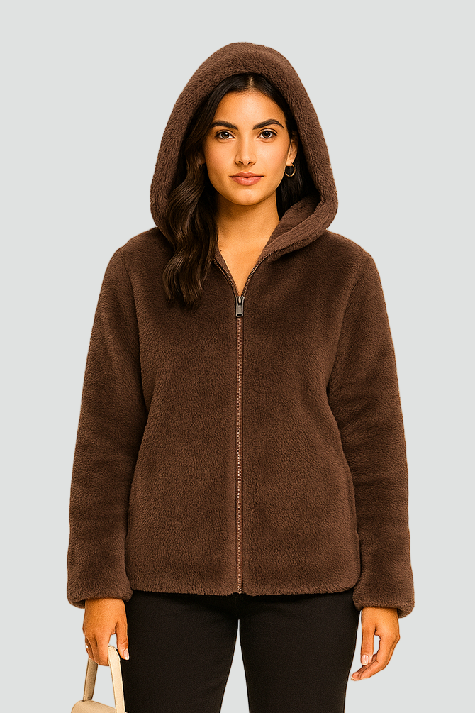 Ciepła Miękka Damska Kurtka z Pluszu z Kapturem