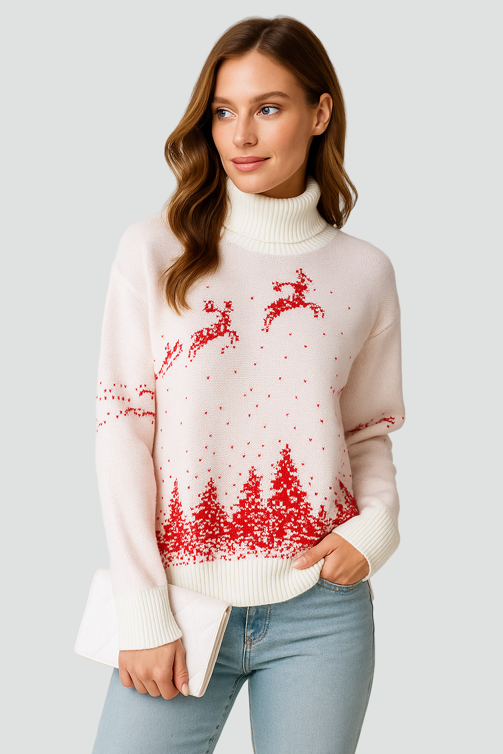 Ciepły Biały Damski Golf z Świątecznym Wzorem Renifera