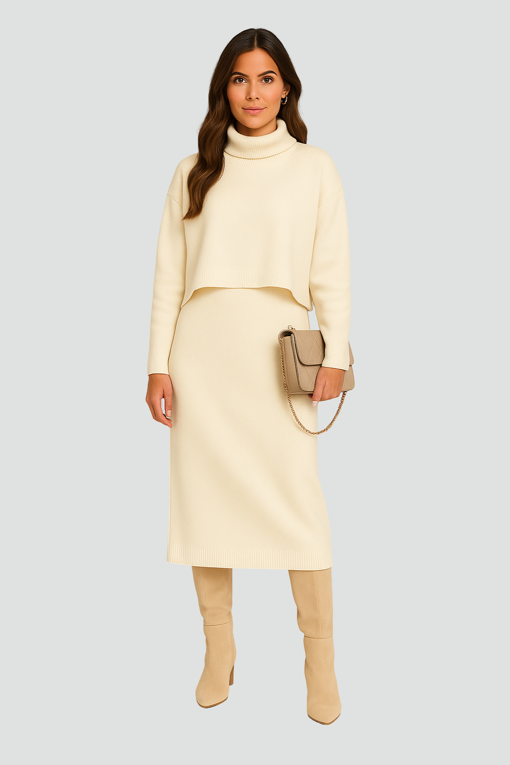 Ciepły Damski Zestaw Swetrowy Midi z Dopasowanym Golfem