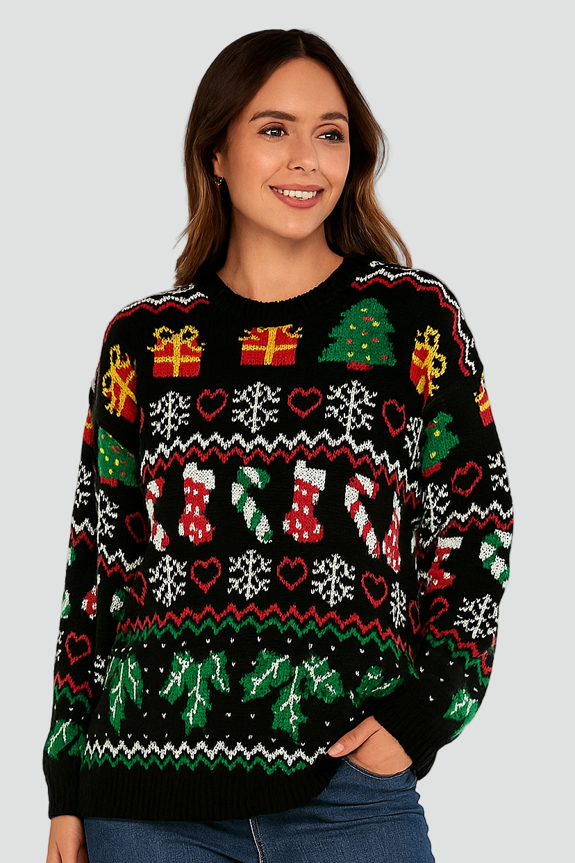 Ciepły Damski Świąteczny Sweter z Kolorowym Zimowym Wzorem