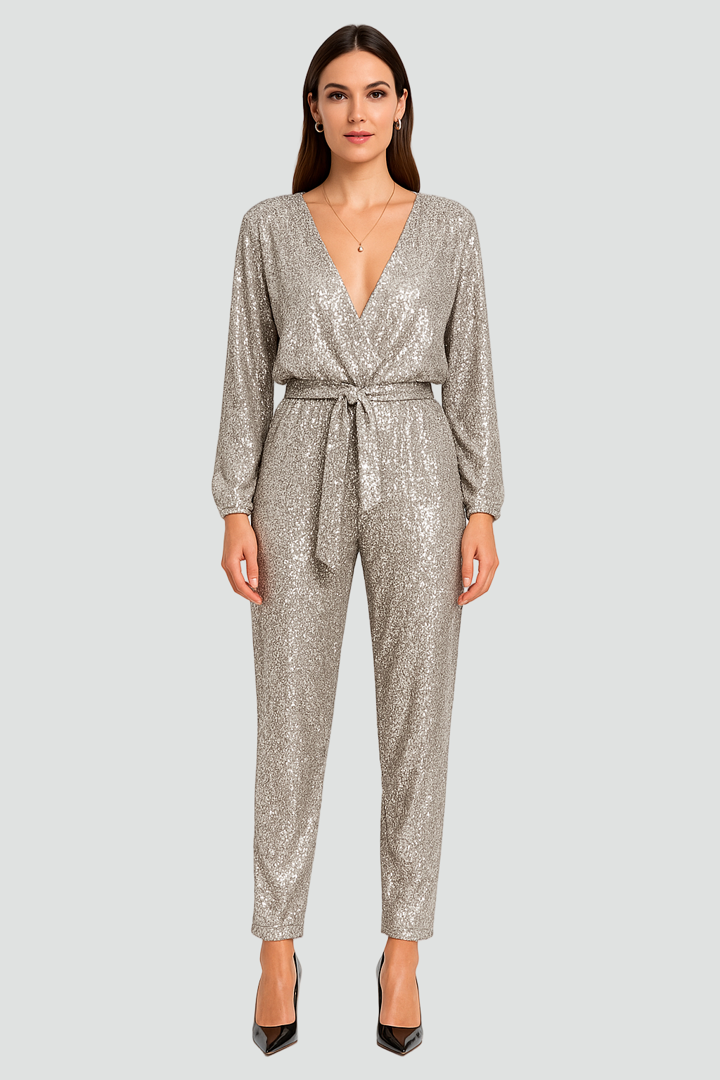 Elegancki Damski Błyszczący Kombinezon z Paskiem