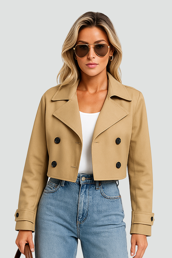 Elegancki Khaki Krótki Damski Trencz