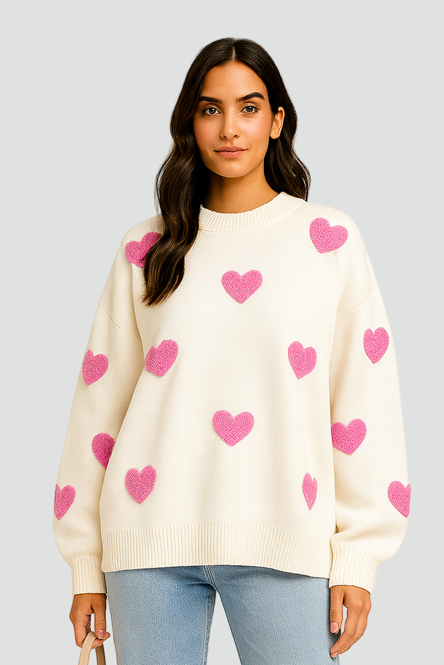 Luksusowy Damski Oversize Sweter z Motywem Serc