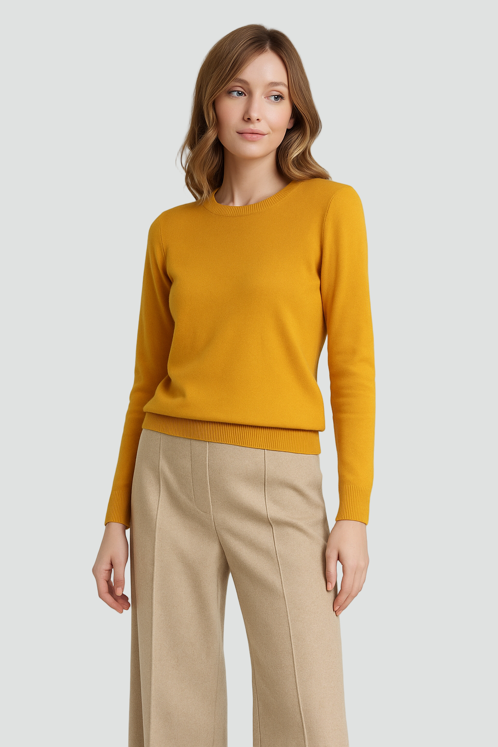 Miękki Wełniany Sweter Damski z Długim Rękawem i Okrągłym Dekoltem