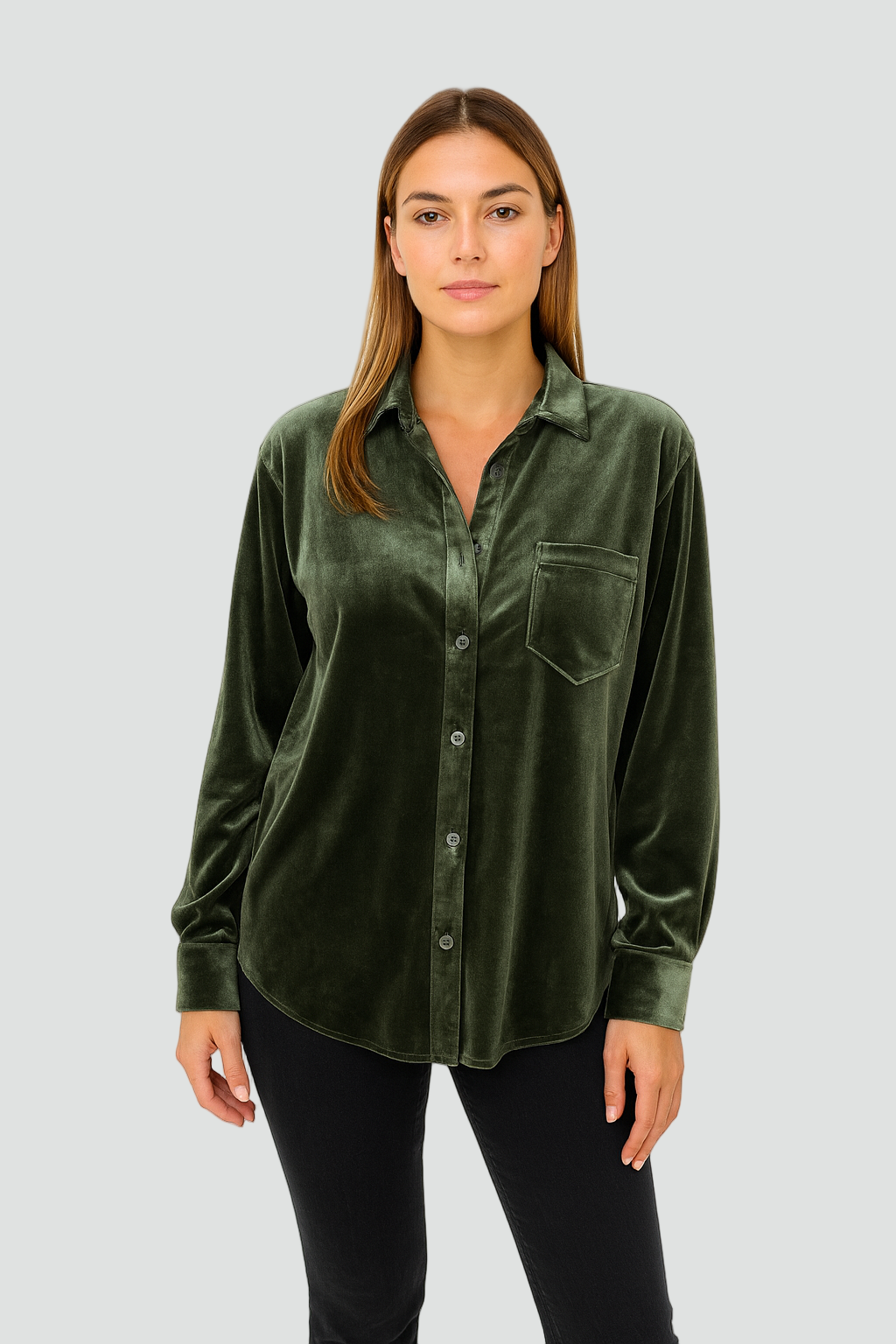 Aksamitna Damska Koszula Z Kieszenią I Guzikami
