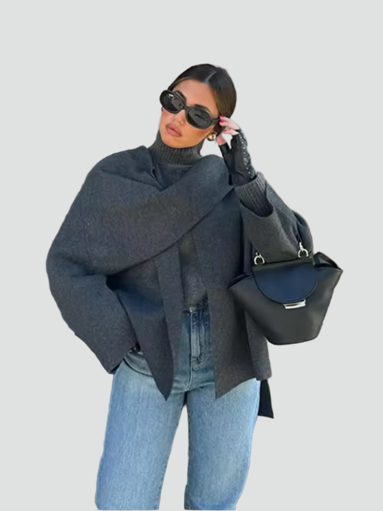 Stylowy Elegancki Damski Płaszcz typu Peleryna z Szerokimi Rękawami