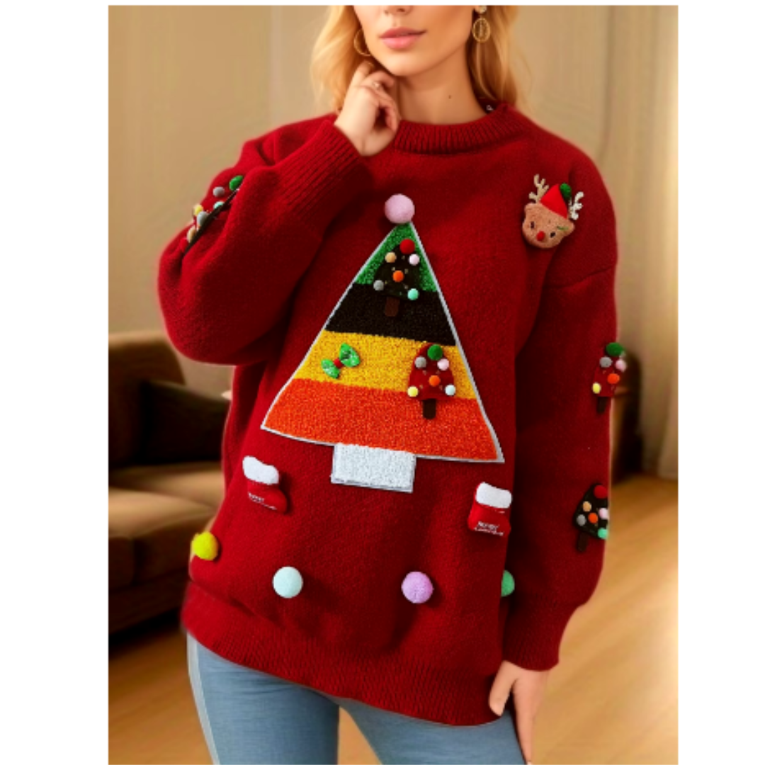 Ciepły Damski Świąteczny Sweter z Kolorowym Zimowym Wzorem