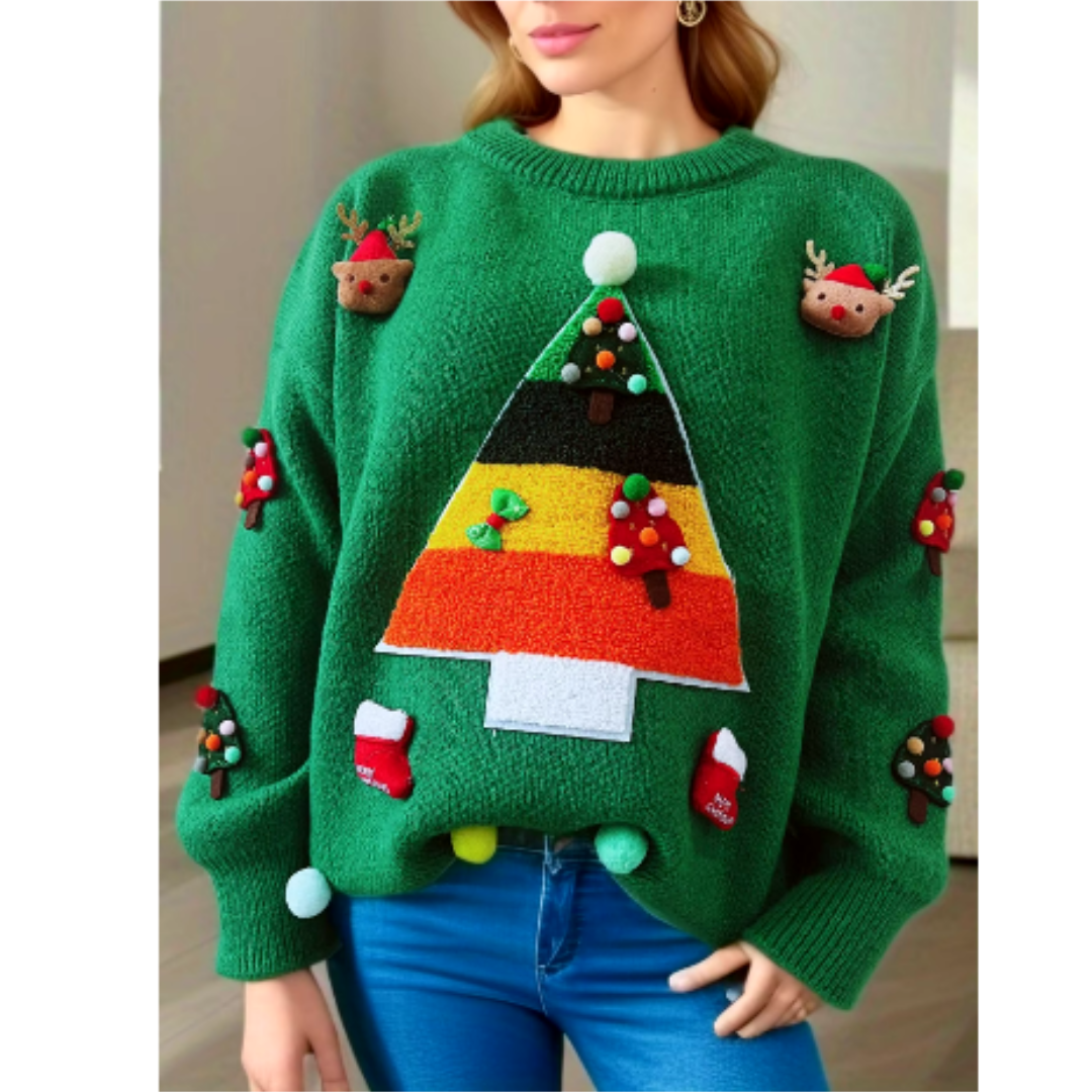 Ciepły Damski Świąteczny Sweter z Kolorowym Zimowym Wzorem