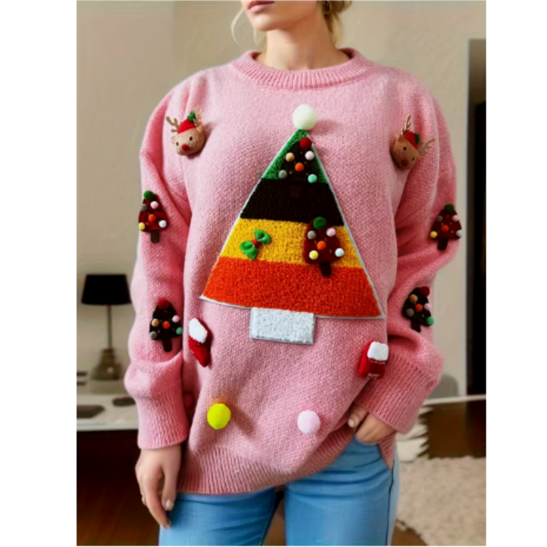 Ciepły Damski Świąteczny Sweter z Kolorowym Zimowym Wzorem