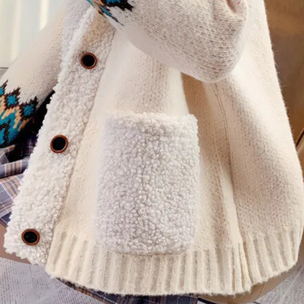 Beżowy Dziany Kardigan Damski z Kołnierzem i Kieszeniami