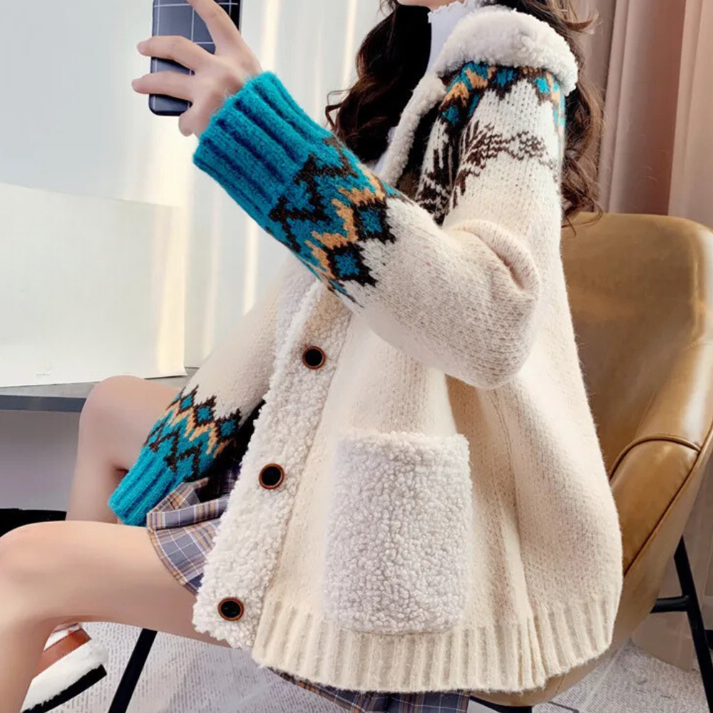 Beżowy Dziany Kardigan Damski z Kołnierzem i Kieszeniami