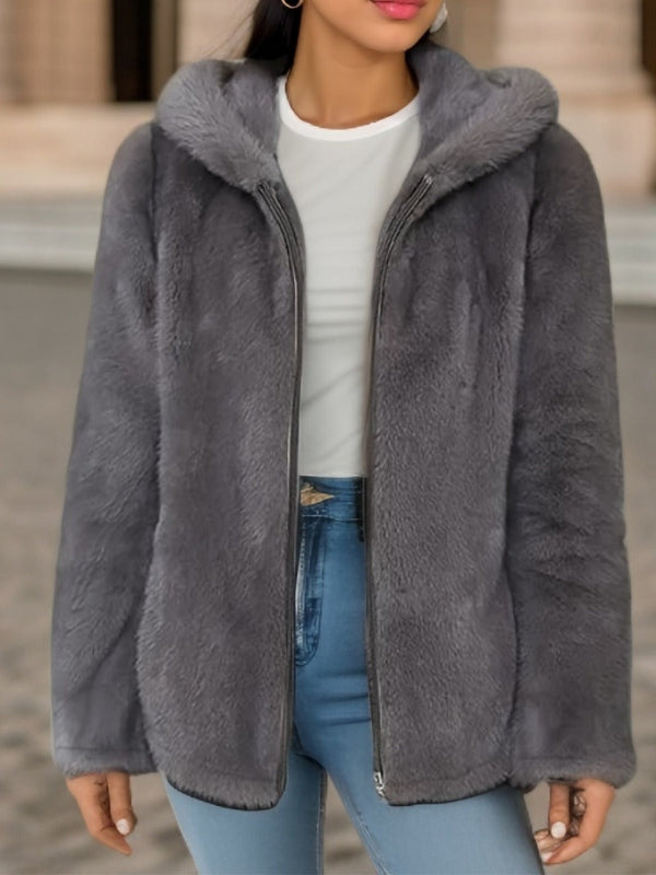 Ciepła Miękka Damska Kurtka z Pluszu z Kapturem