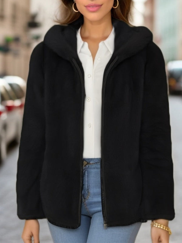 Ciepła Miękka Damska Kurtka z Pluszu z Kapturem