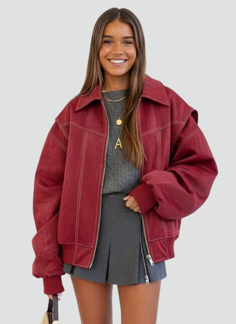 Oversizowa Damska Kurtka Bomberka Ze Skóry Syntetycznej