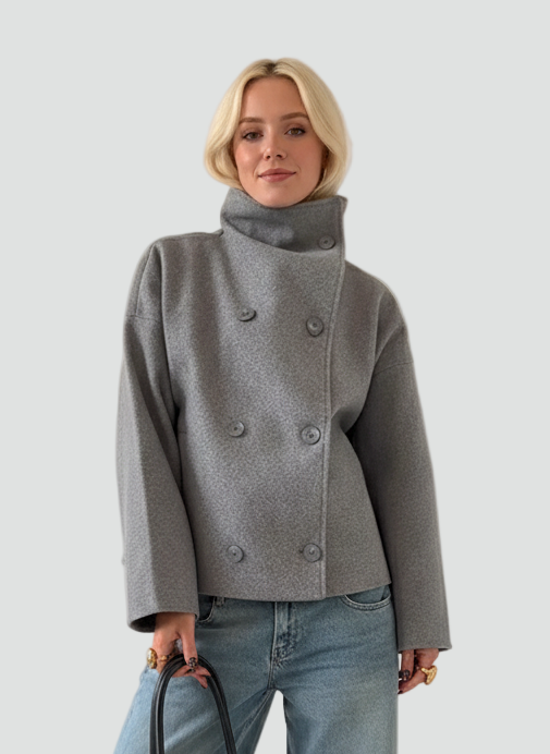 Stylowy Wełniany Płaszcz Damski Z Wysokim Kołnierzem I Podwójnymi Guzikami