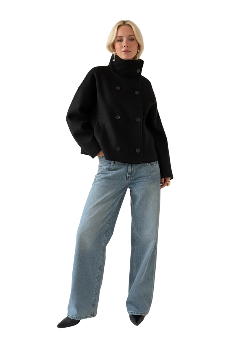 Stylowy Wełniany Płaszcz Damski Z Wysokim Kołnierzem I Podwójnymi Guzikami