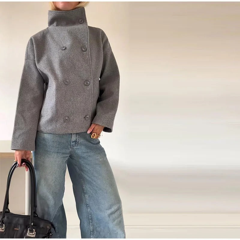 Stylowy Wełniany Płaszcz Damski Z Wysokim Kołnierzem I Podwójnymi Guzikami